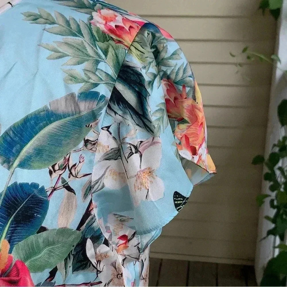 RSVP by Talbots Blouse Aqua Tropical Jungle Print L Flutter Sleeve Floral Monkey - Picture 6 of 9